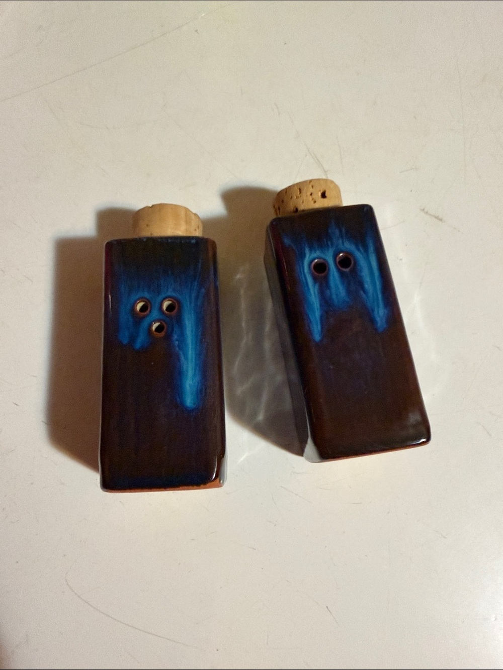 Handmade Ceramic Salt and Pepper Shaker Set in Brown and Blue